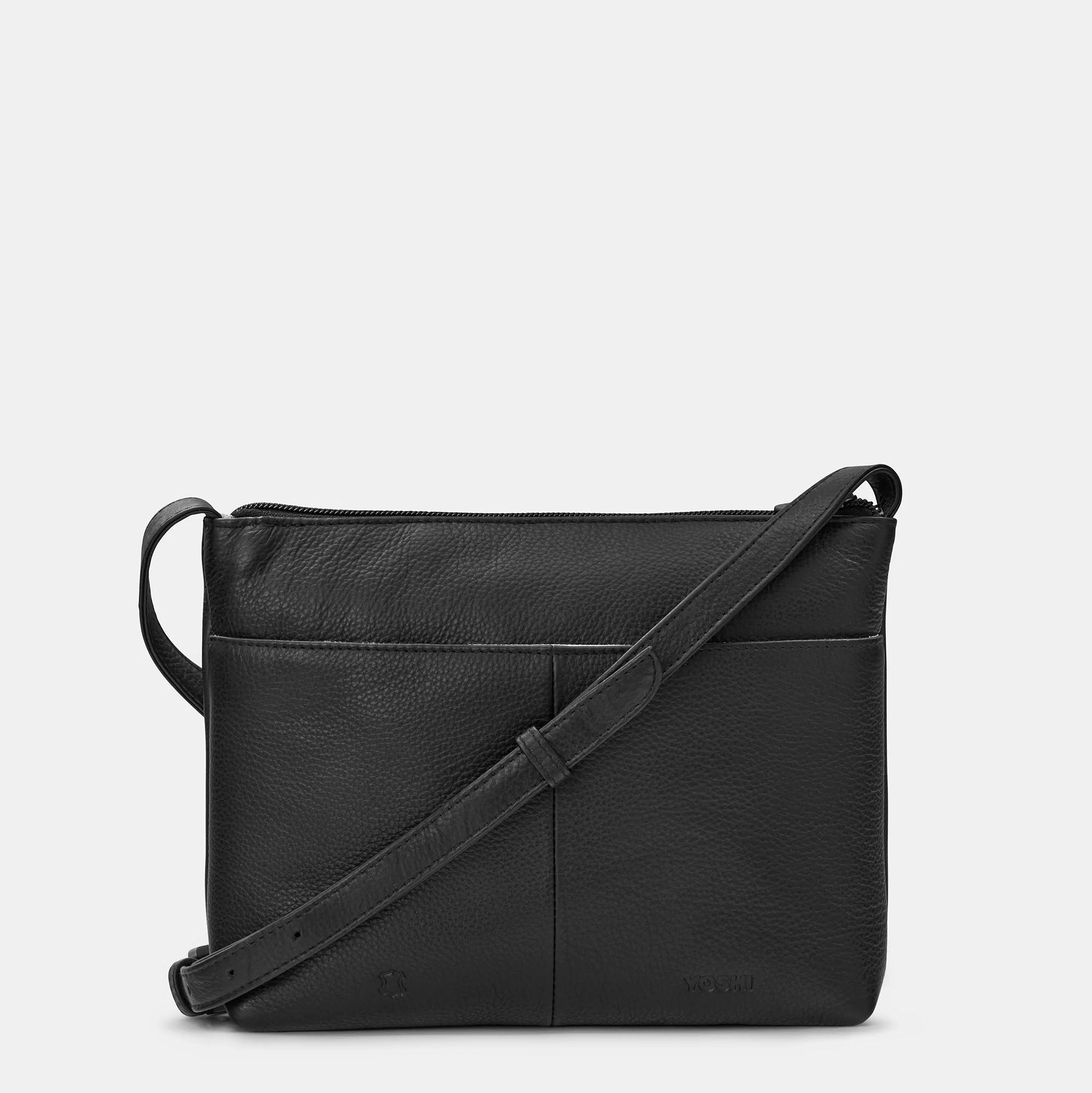 Black leather crossbody bag on a light gray background