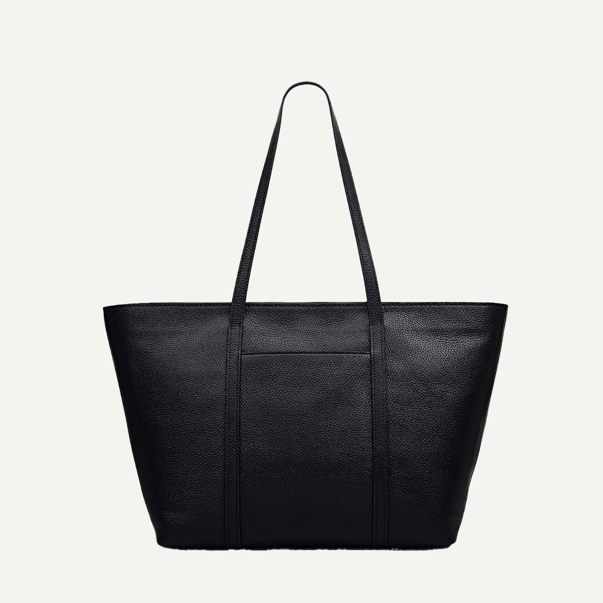 Black leather tote bag on a light gray background