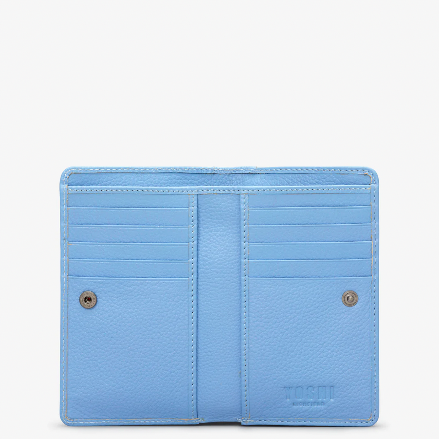 Blue leather bi-fold purse with appliqué flower and bee detail - inside view, 10 credit card slots