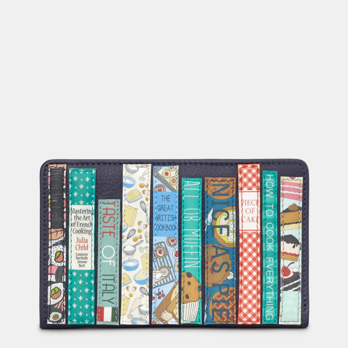 Book-themed wallet with colorful design on a white background
