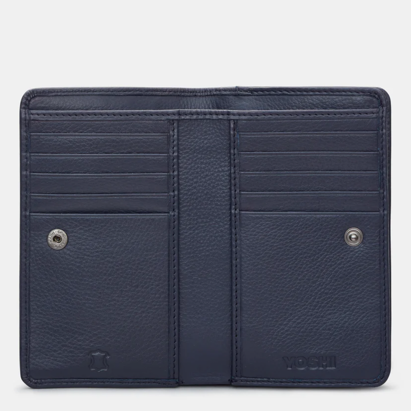Navy leather wallet with card slots on a light gray background