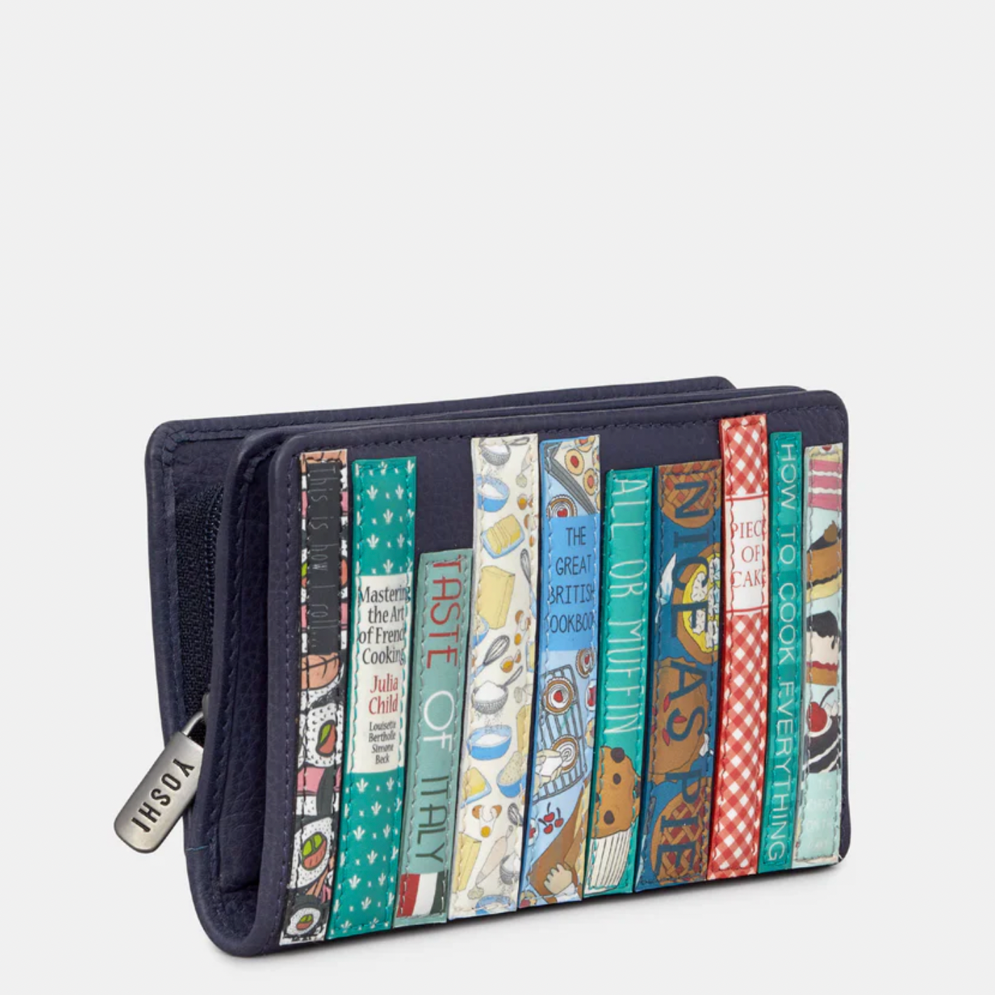 Multicolored book-themed wallet with a visible brand logo on a light gray background