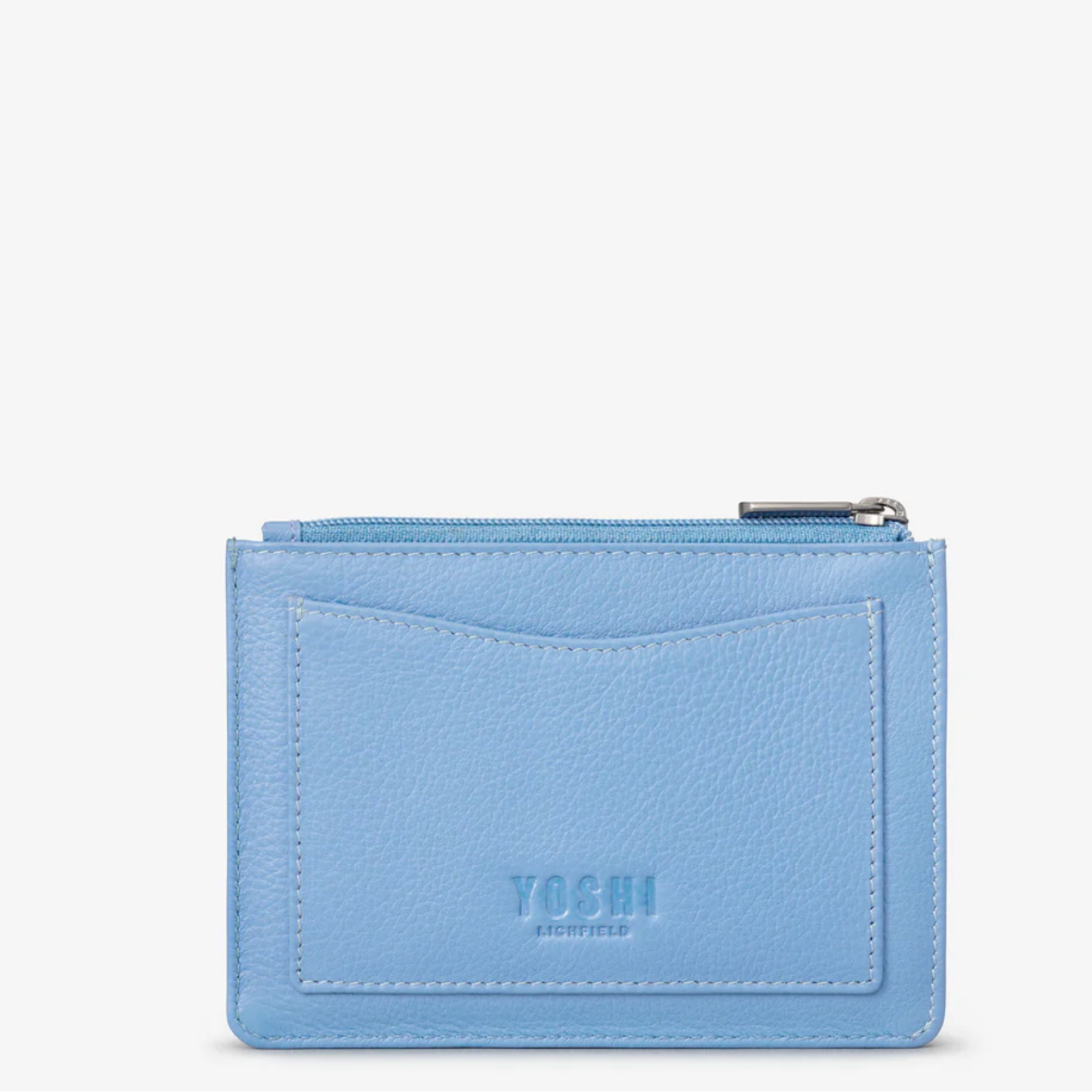 Light blue wallet with 'Yoshi' brand name on a white background