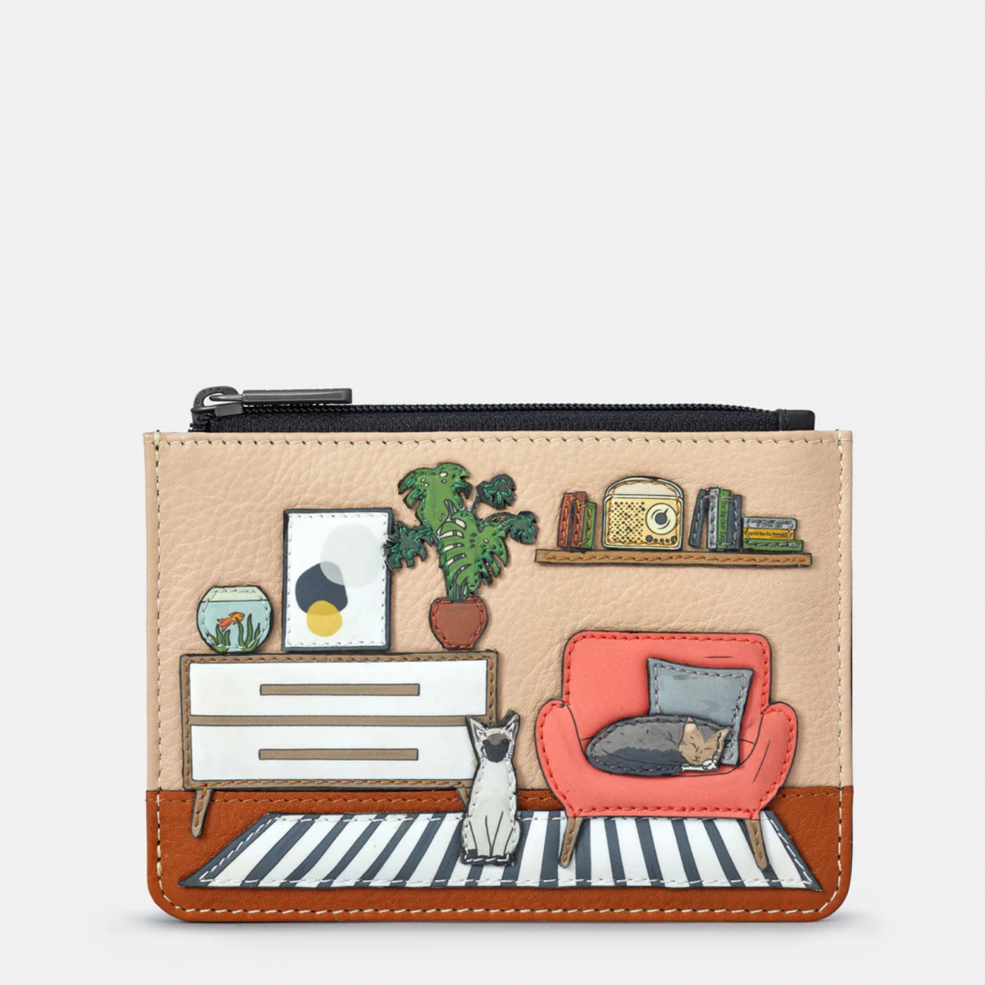 Coin purse with a design of a living room scene on a white background