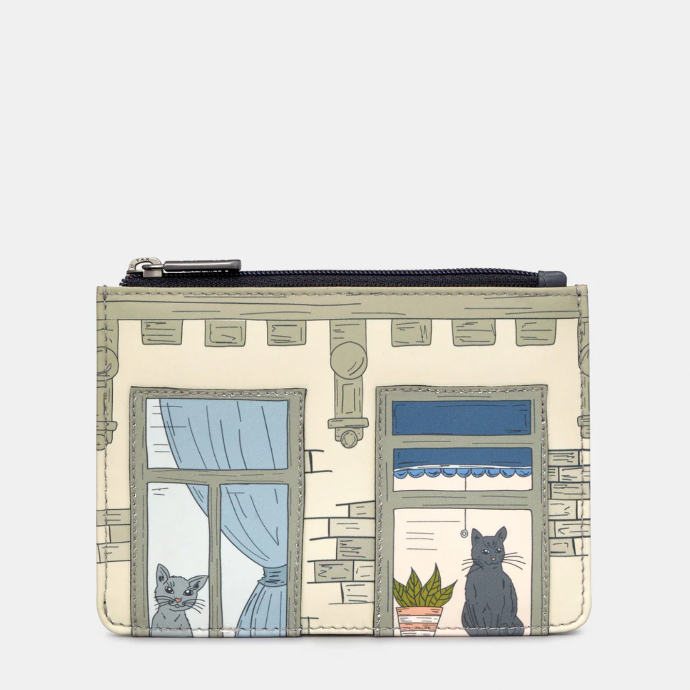 Coin purse with cat-themed design on a white background