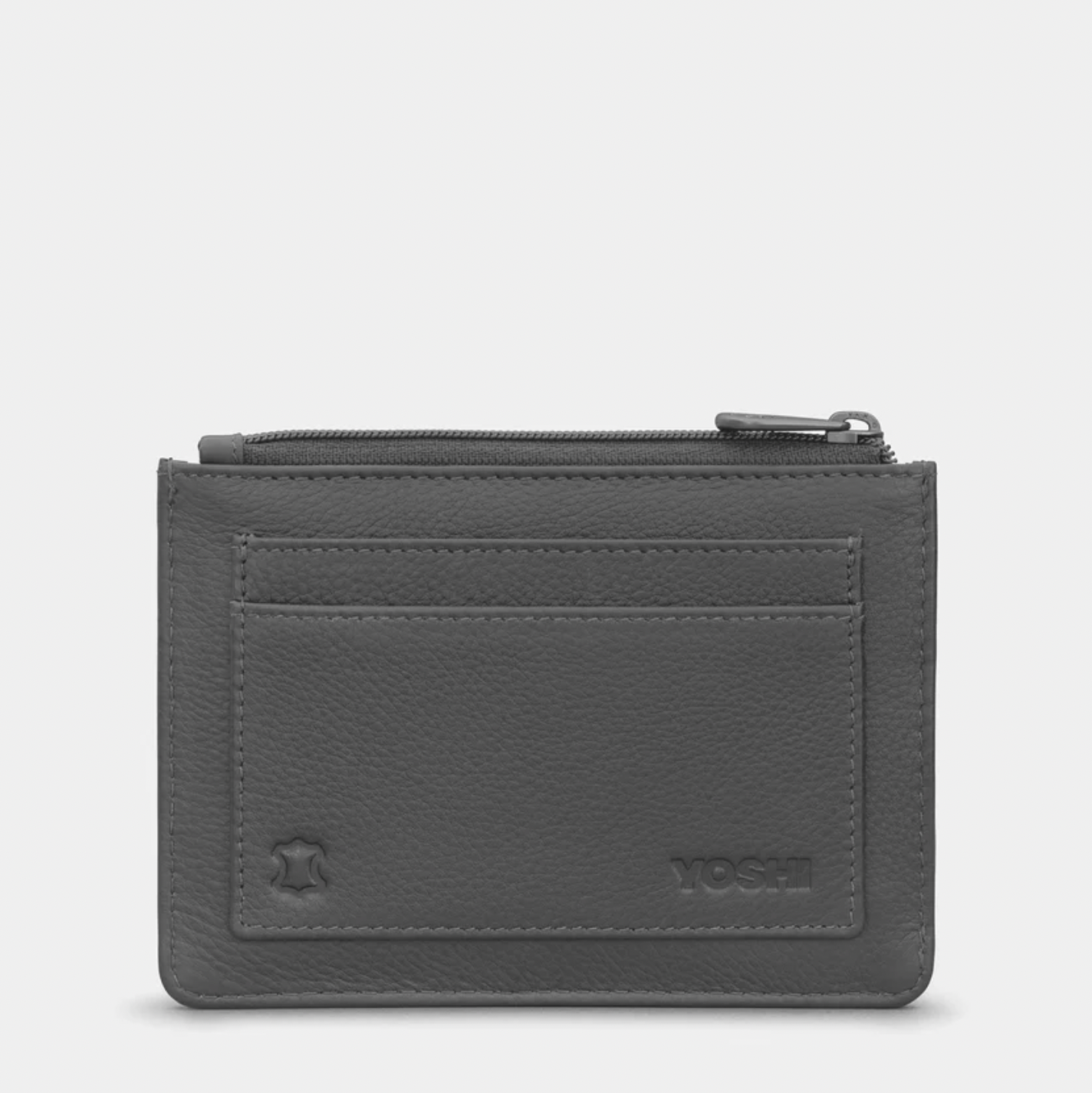 Black leather wallet with a zipper on a light gray background
