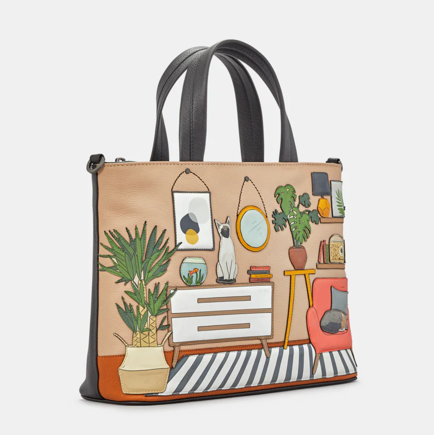 Handbag with a design of a room with plants and furniture on a light gray background