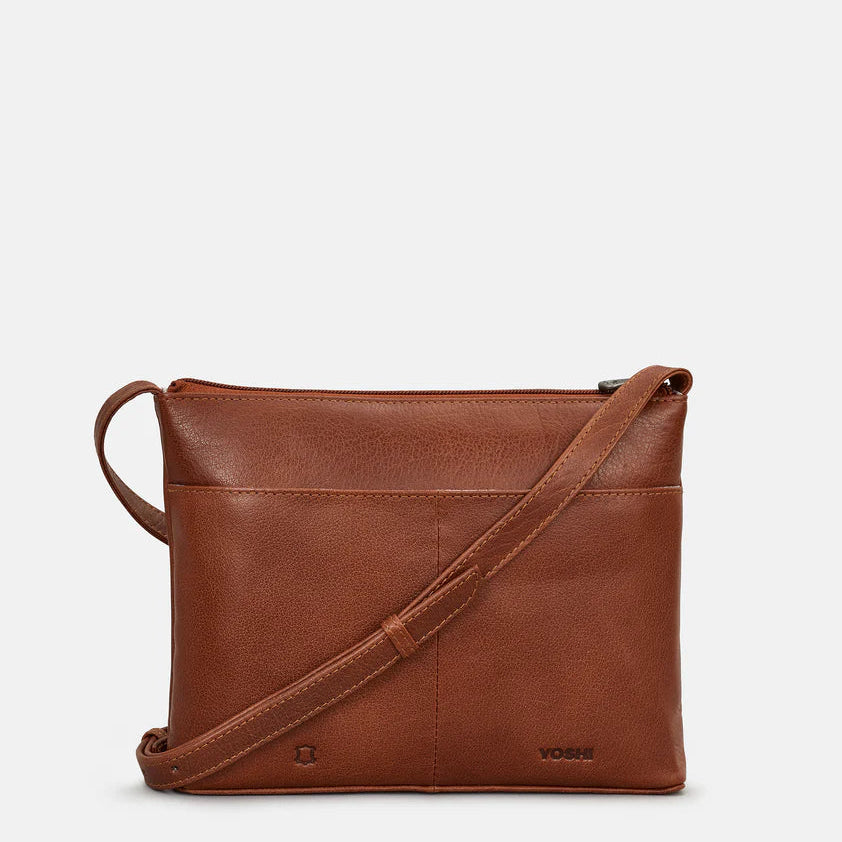 Brown leather crossbody bag on a light gray background