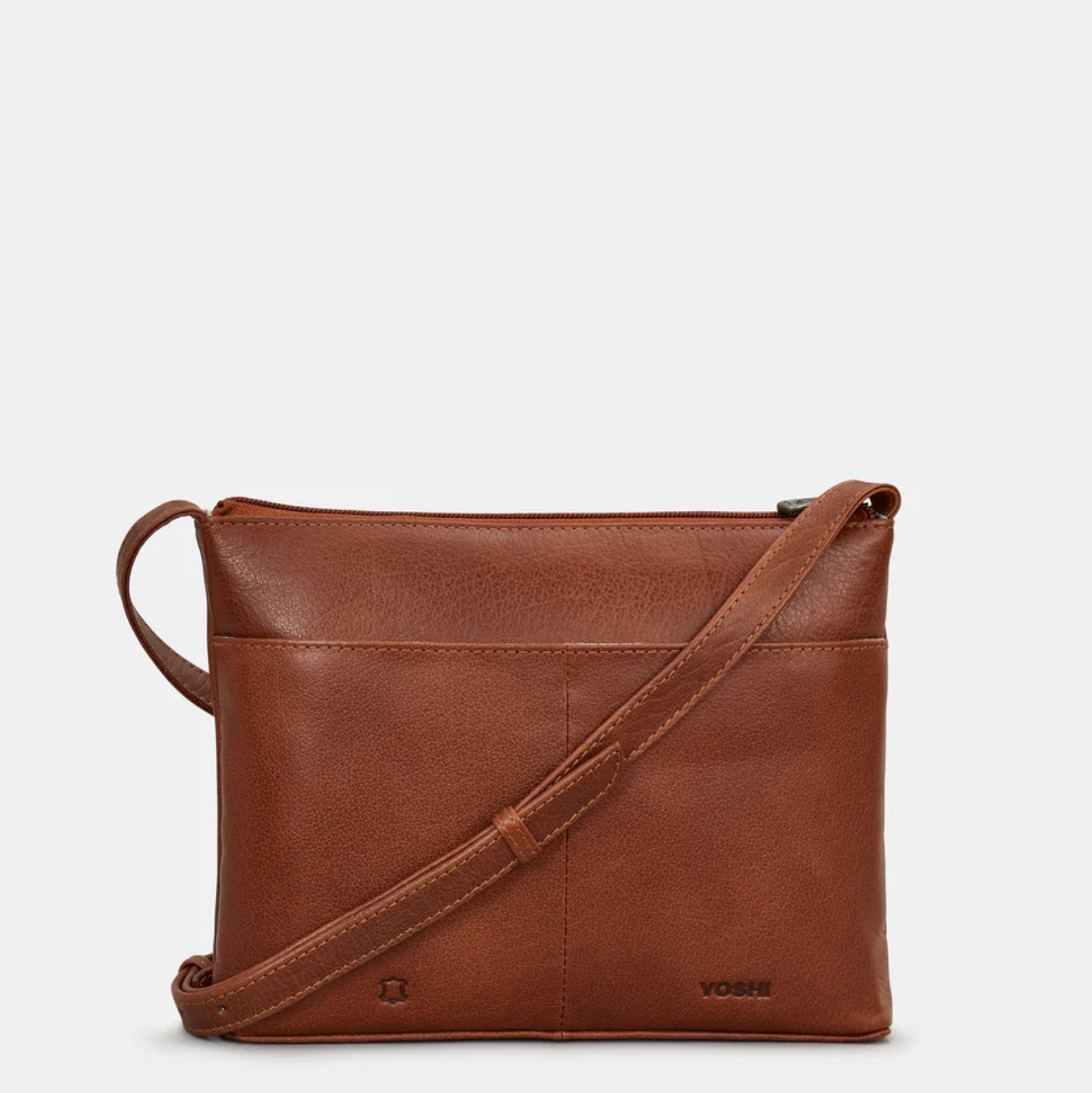 Brown leather crossbody bag on a light gray background