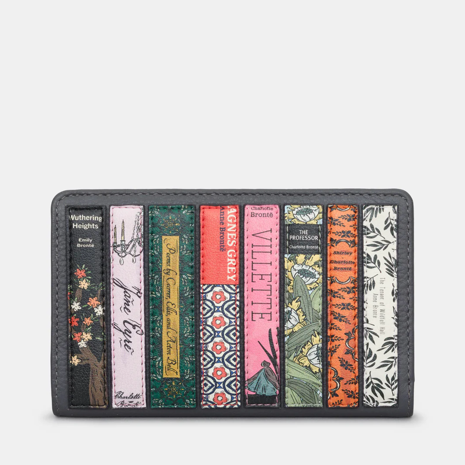 Grey leather bifold purse with appliqué Bronte sister book cover design - front view