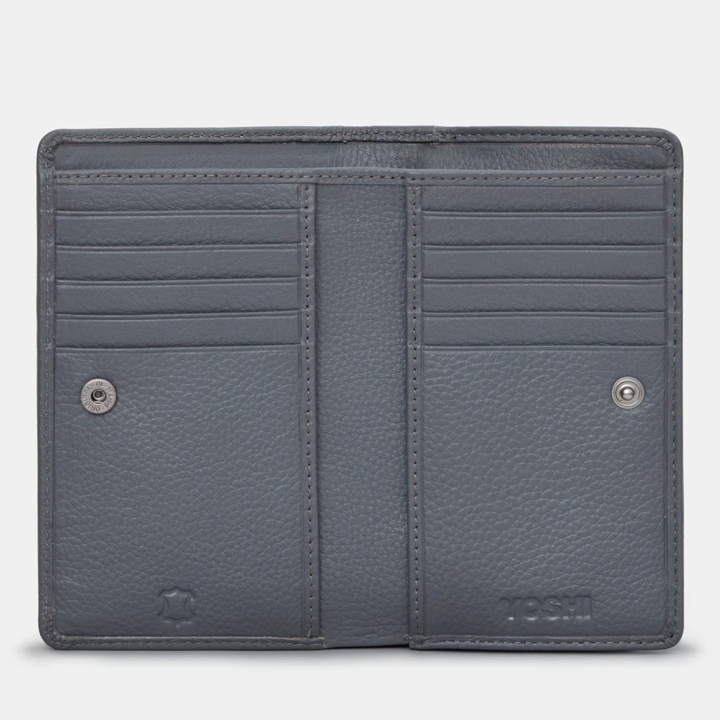 Grey leather bifold purse with appliqué Bronte sister book cover design - inside  view with 10 credit card slots