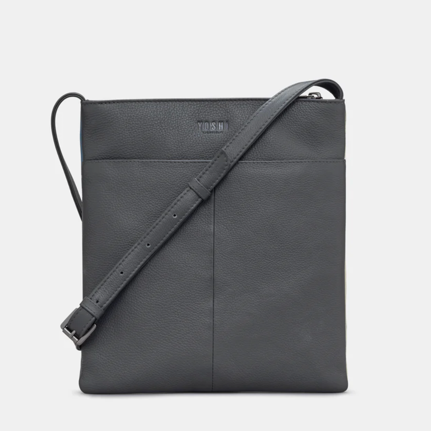 Black crossbody bag on a light gray background