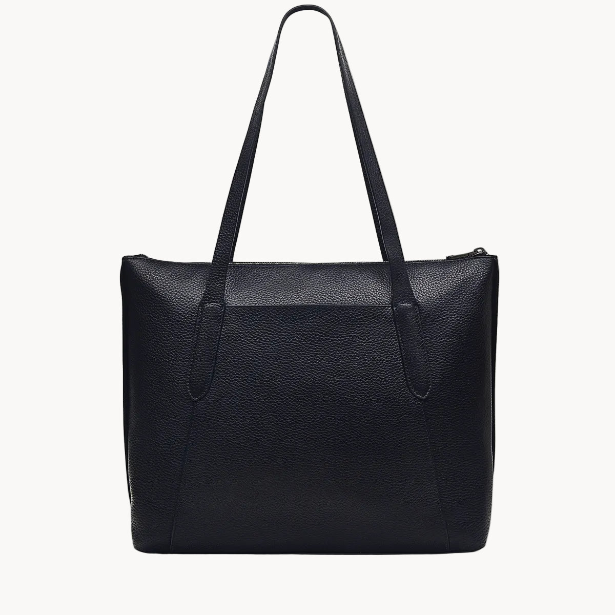Black leather tote bag on a white background