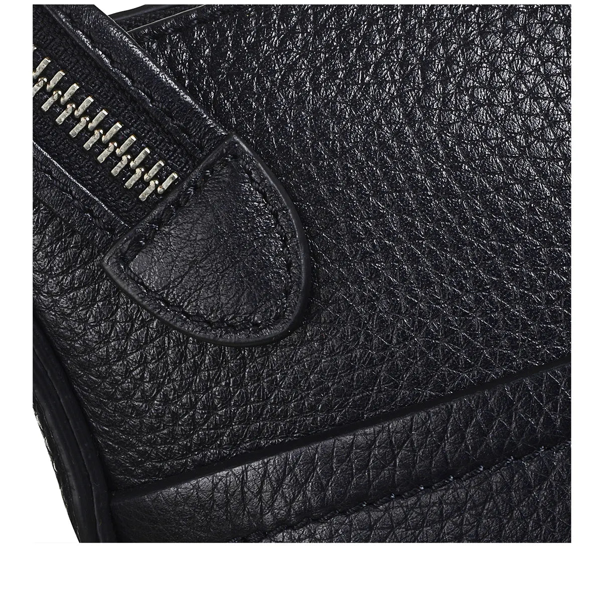 Close-up of a black leather bag with a zipper detail