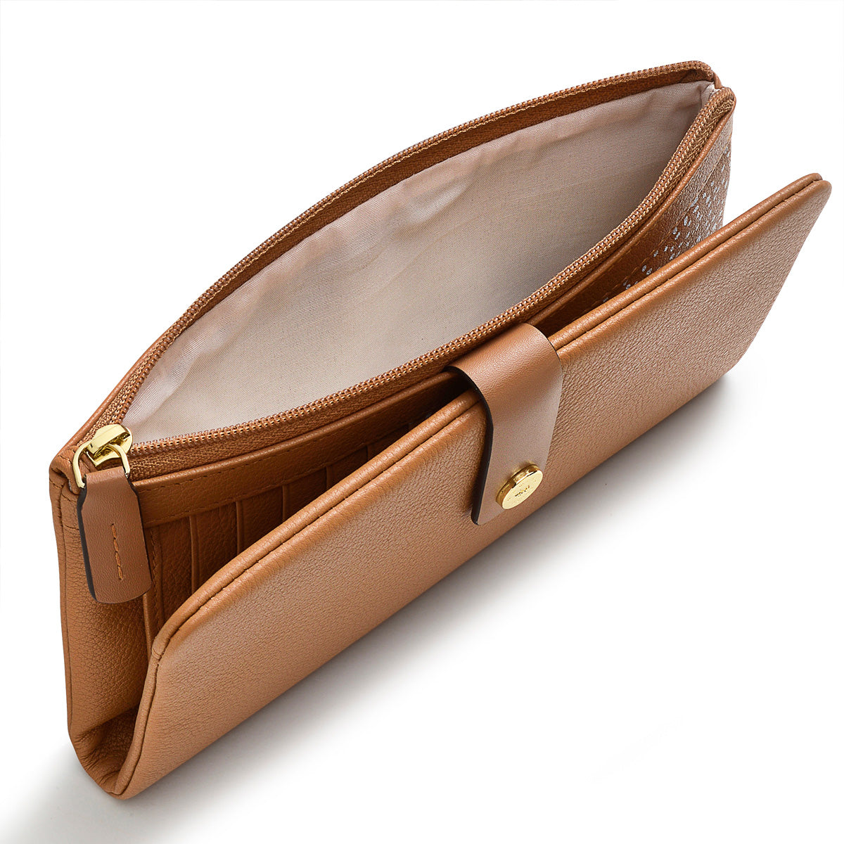 Tan leather wallet with a gold emblem on a white background