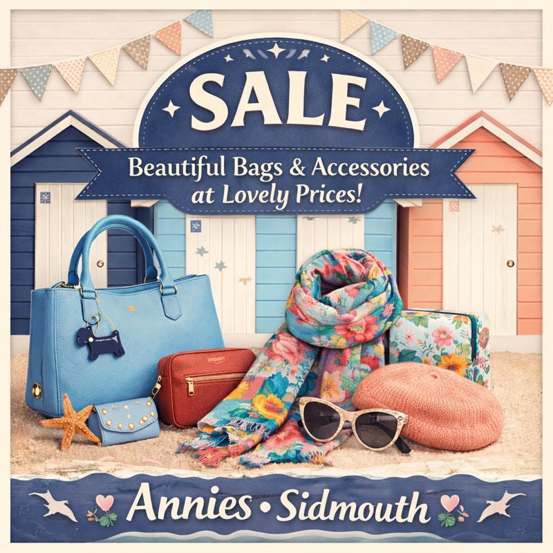 Sale text with beach huts, bunting and colourful bags