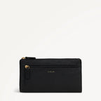 Black wallet with gold zipper on a light gray background