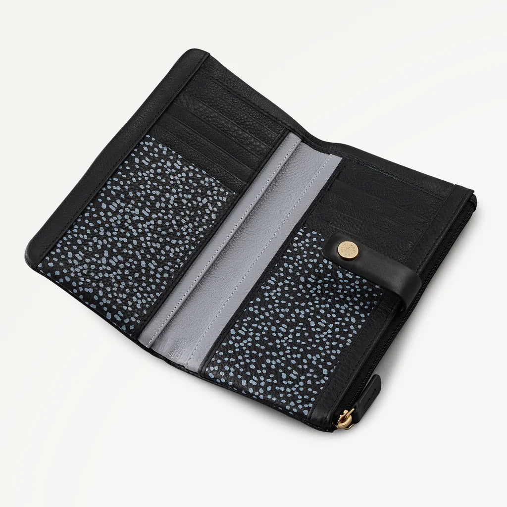 Black wallet with gold zipper on a light gray background