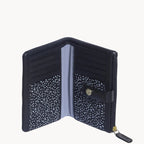 Black wallet with white speckled pattern on a white background