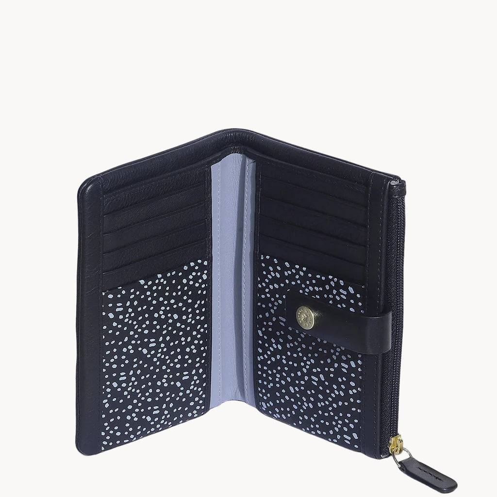 Black wallet with white speckled pattern on a white background
