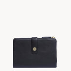 Black leather wallet with a gold clasp on a white background