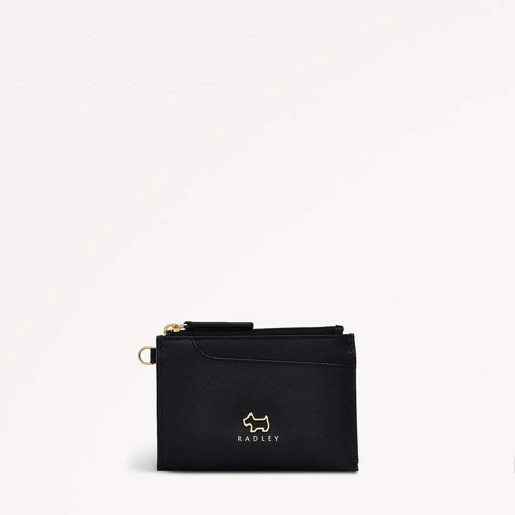 Black coin purse with gold accents and Radley logo on a white background