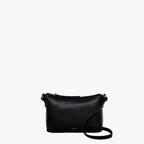 Black handbag with a strap on a white background