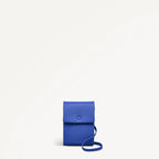 Blue leather pouch with a strap on a white background