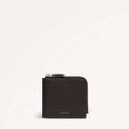 Black wallet with a gold zipper on a white background