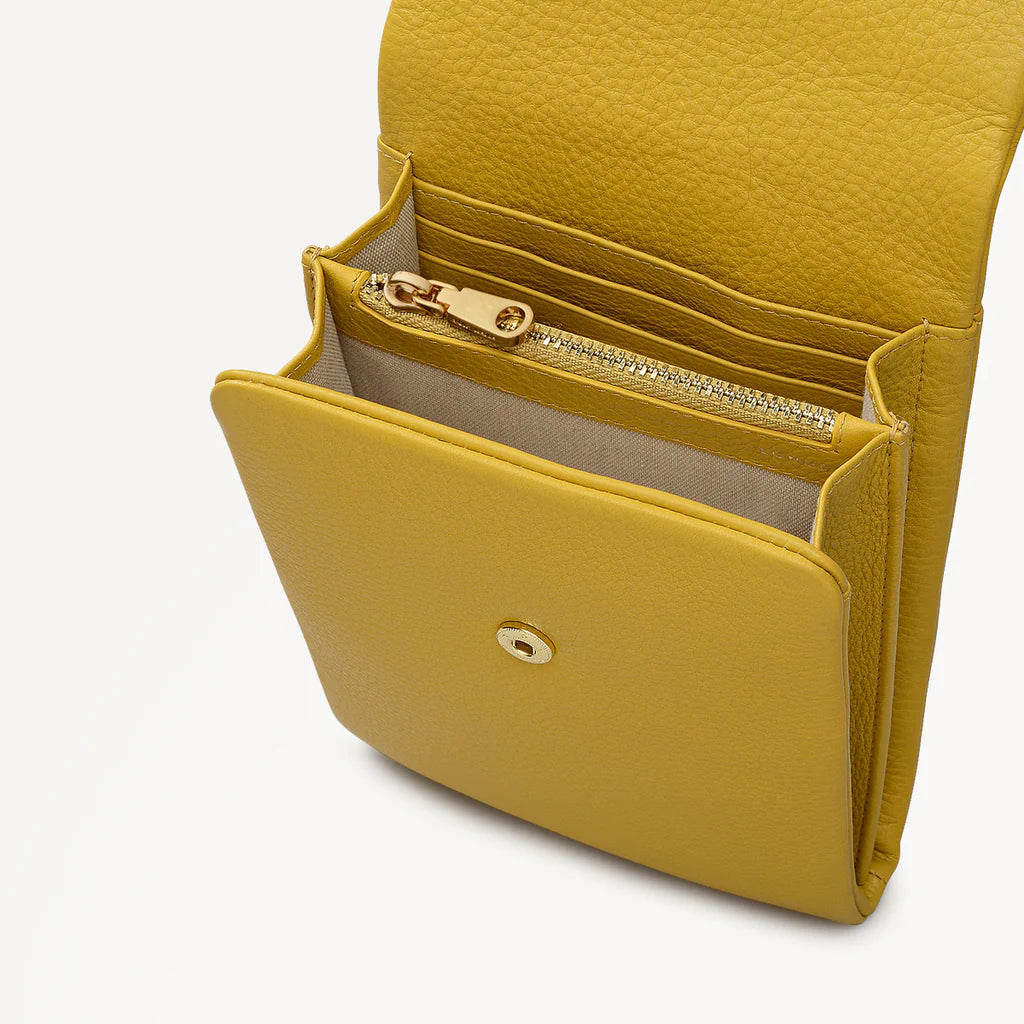 Yellow leather wallet with a gold zipper on a white background