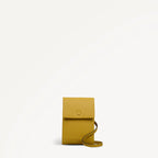 Yellow leather crossbody bag on a white background