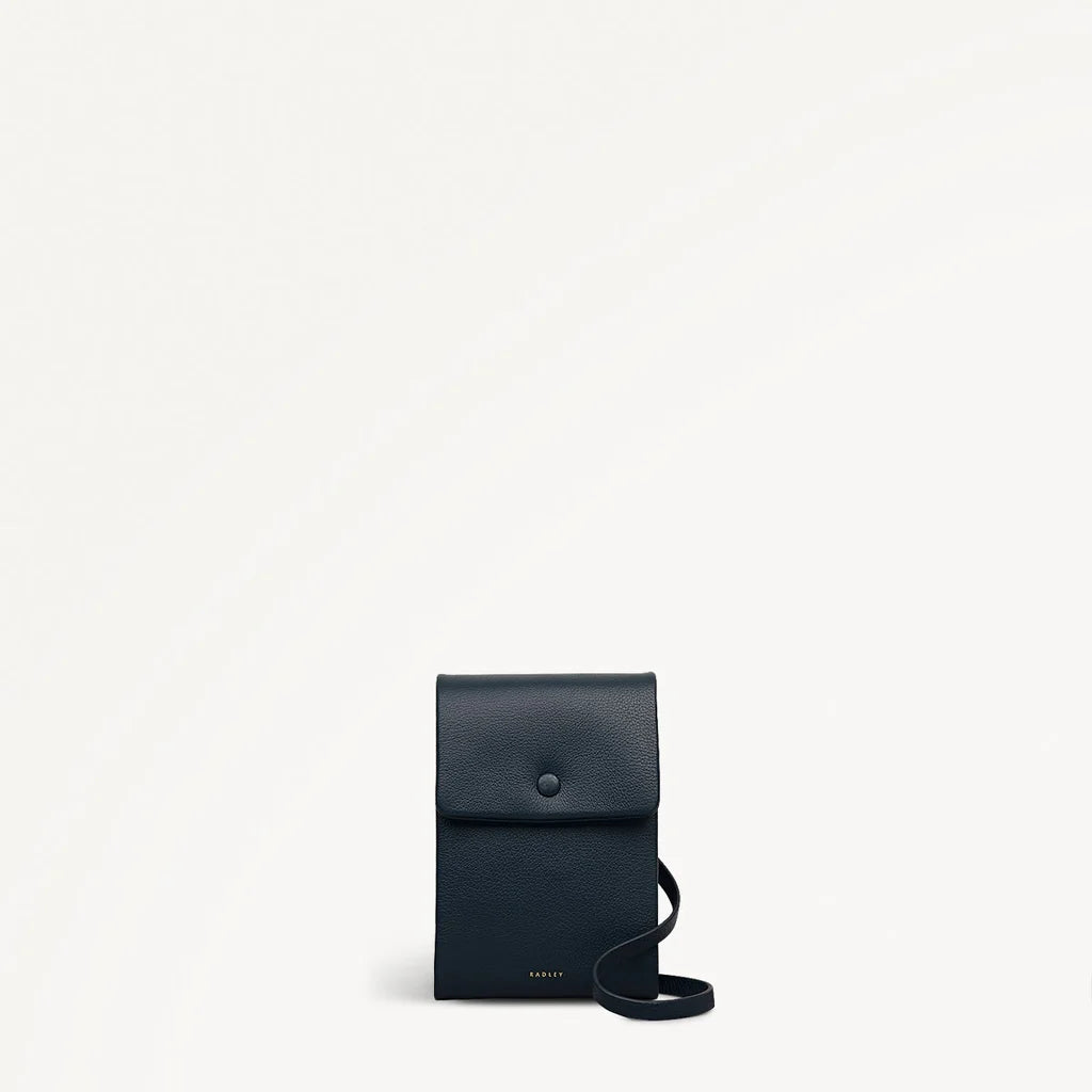 Black leather phone pouch with a strap on a white background