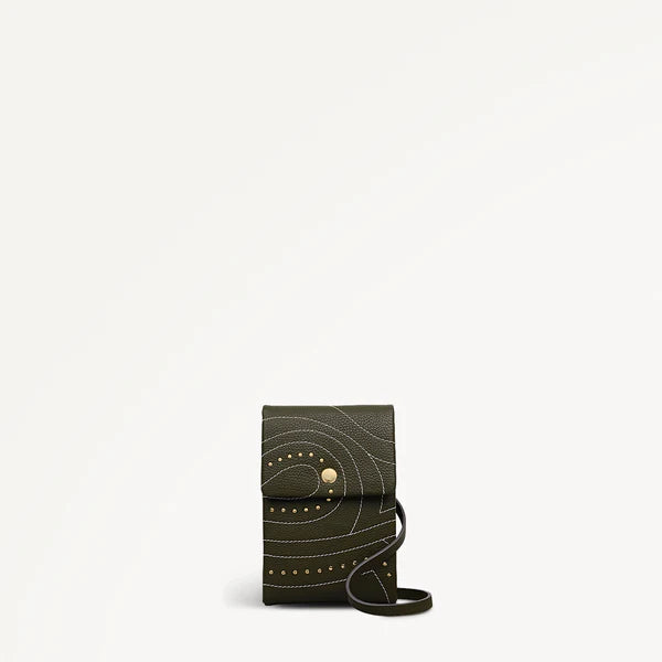 Green leather phone wallet with studded details on a white background