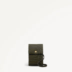 Green leather phone wallet with studded details on a white background