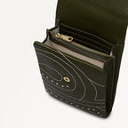 Black leather wallet with decorative stitching on a white background