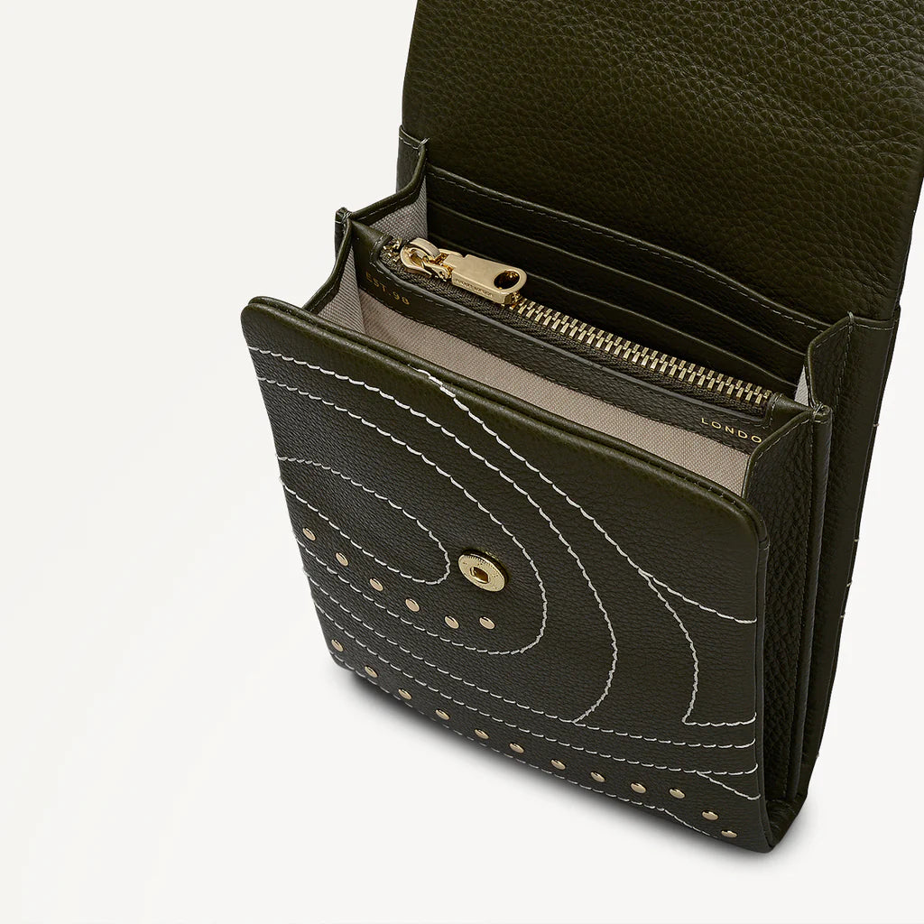 Black leather wallet with decorative stitching on a white background