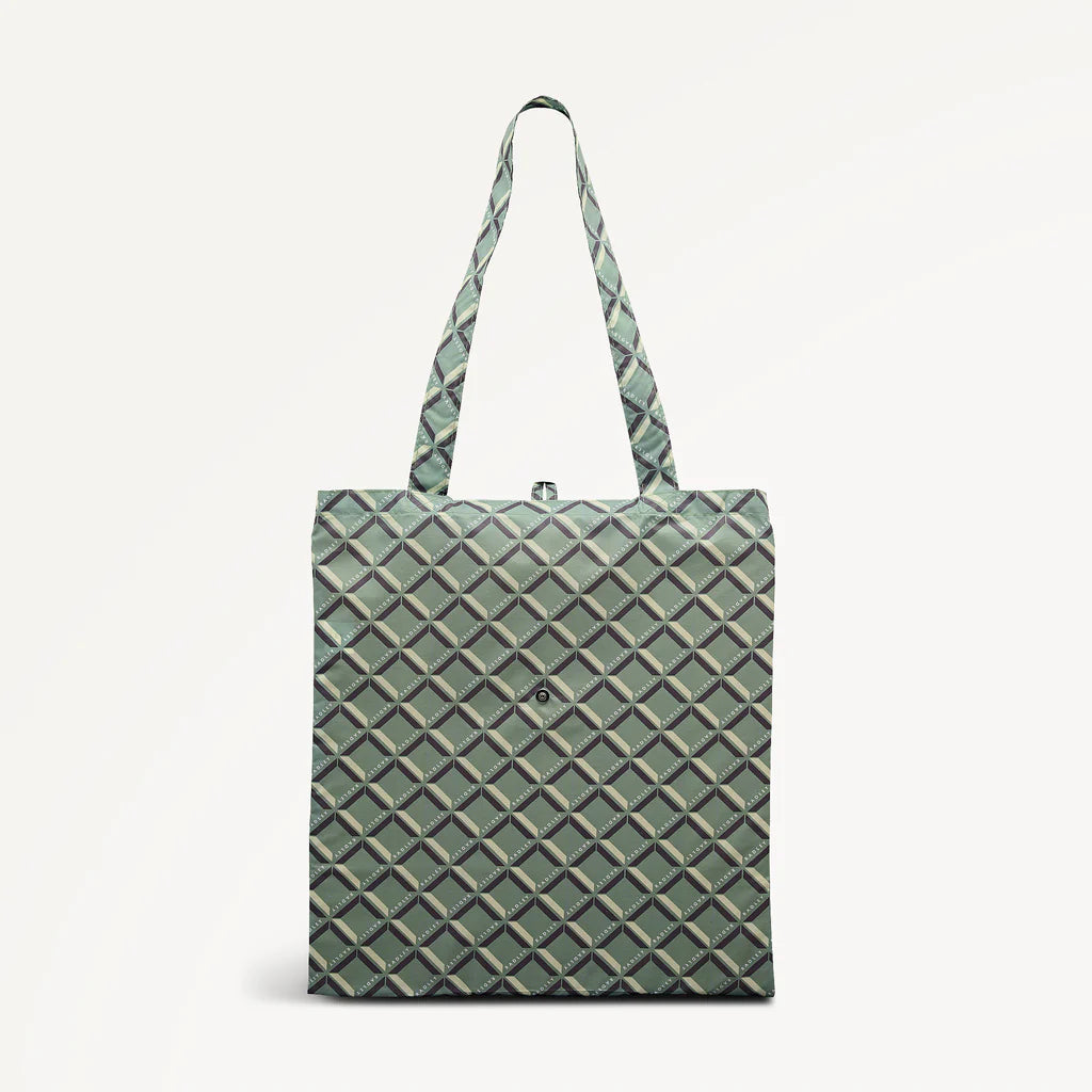 Green foldaway shopper  with Radley geometric monogram print on a light gray background