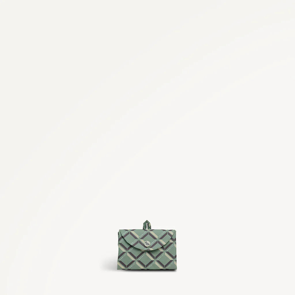 Green foldaway shopper  with Radley geometric monogram print on a light gray background