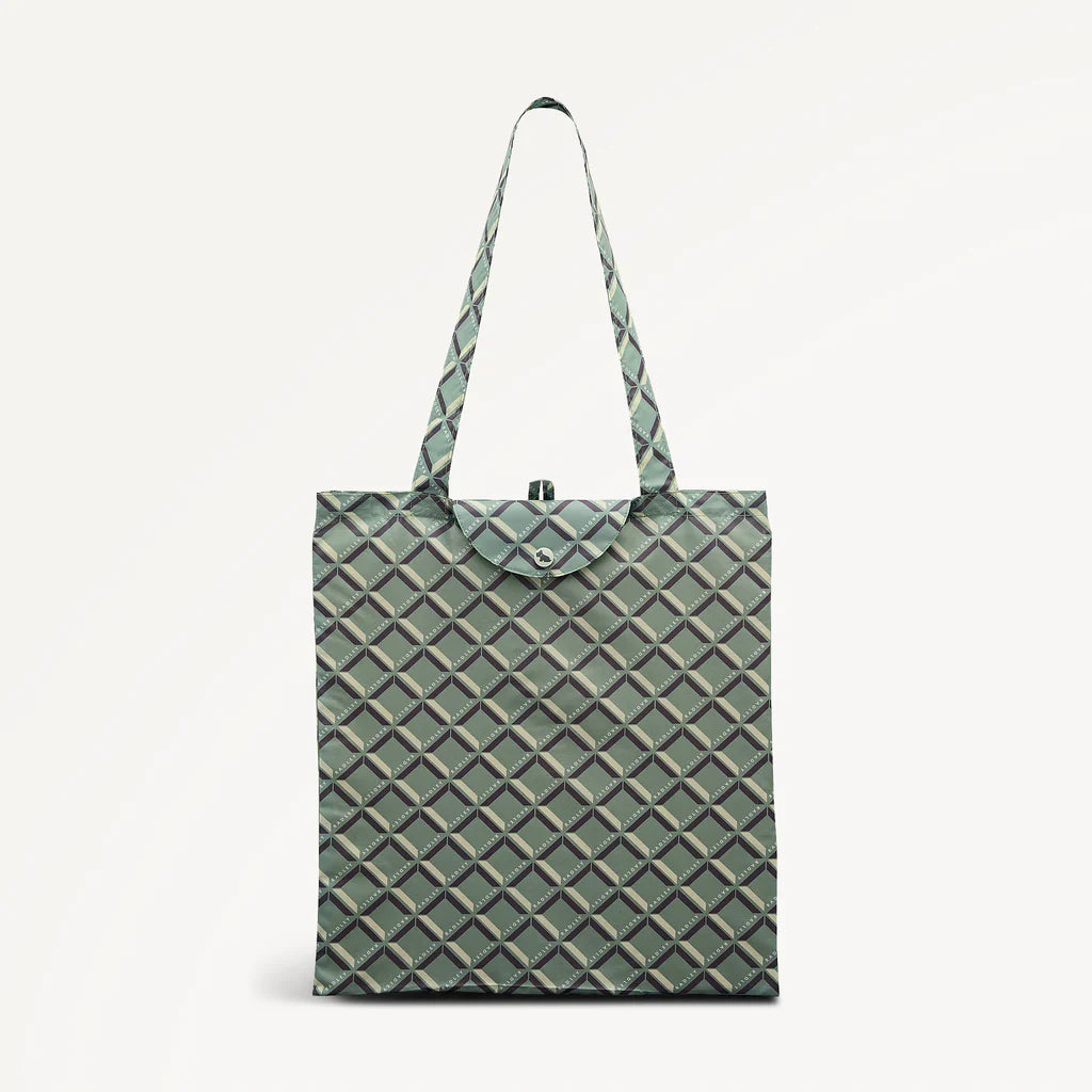 Green foldaway shopper  with Radley geometric monogram print on a light gray background