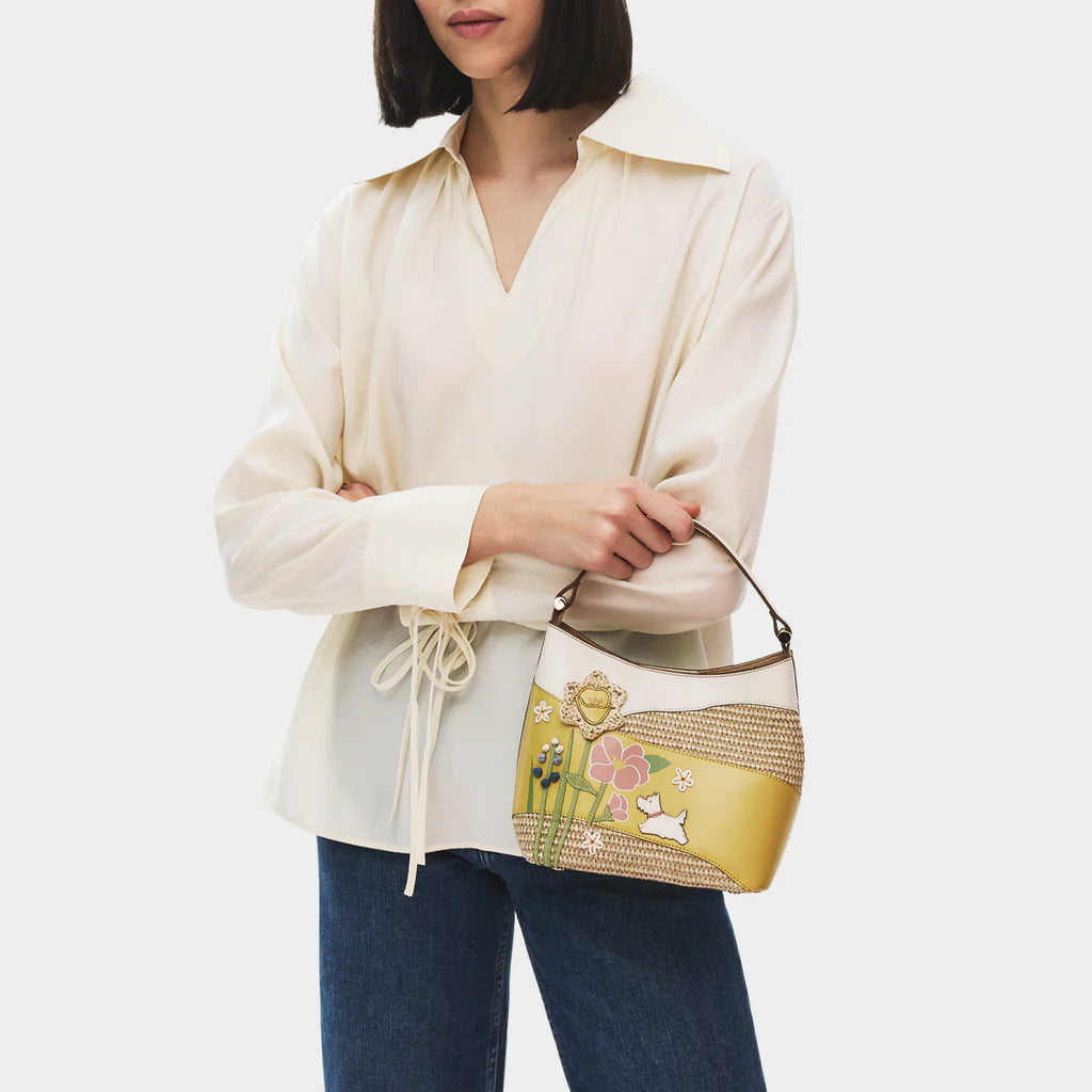 Radley Spring Blooms Leather and Raffia Floral Picture Bag - close detail of 3D woven raffia flowers and screen print
