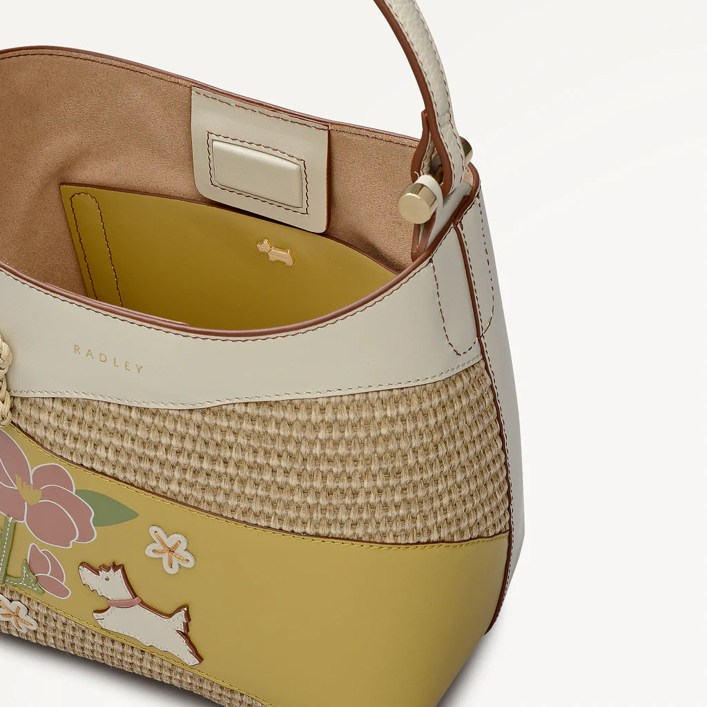 Radley Spring Blooms Leather and Raffia Floral Picture Bag - open interior showing faux suede lining and slip pocket