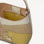 Radley Spring Blooms Leather and Raffia Floral Picture Bag - open interior showing faux suede lining and slip pocket