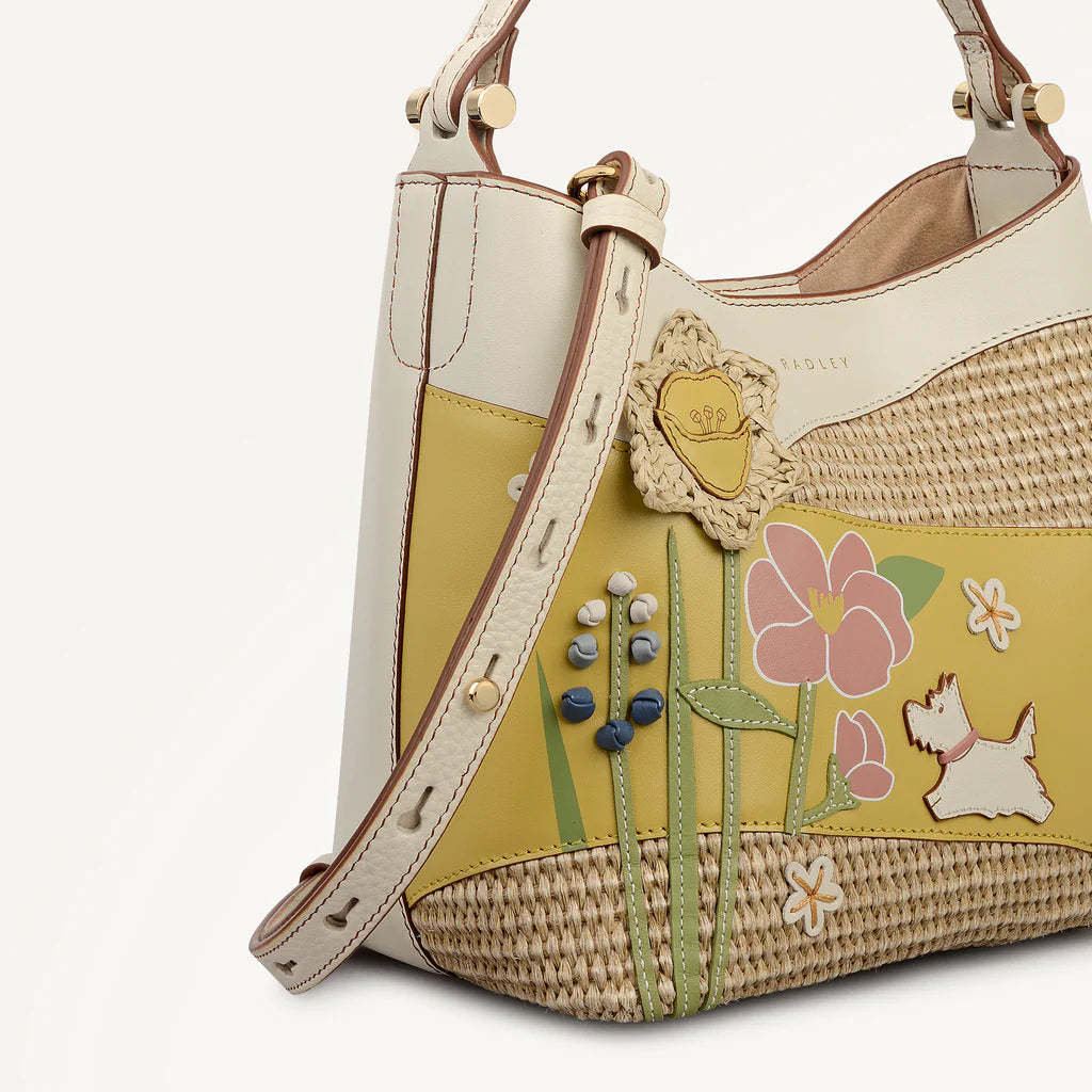 Radley Spring Blooms Leather and Raffia Floral Picture Bag - detail of leather appliqué and woven raffia texture