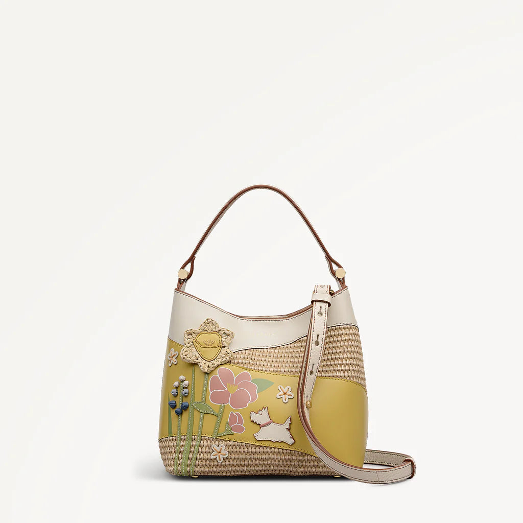 Radley Spring Blooms Leather and Raffia Floral Picture Bag - front view showing 3D raffia flower detail and magnetic fastening