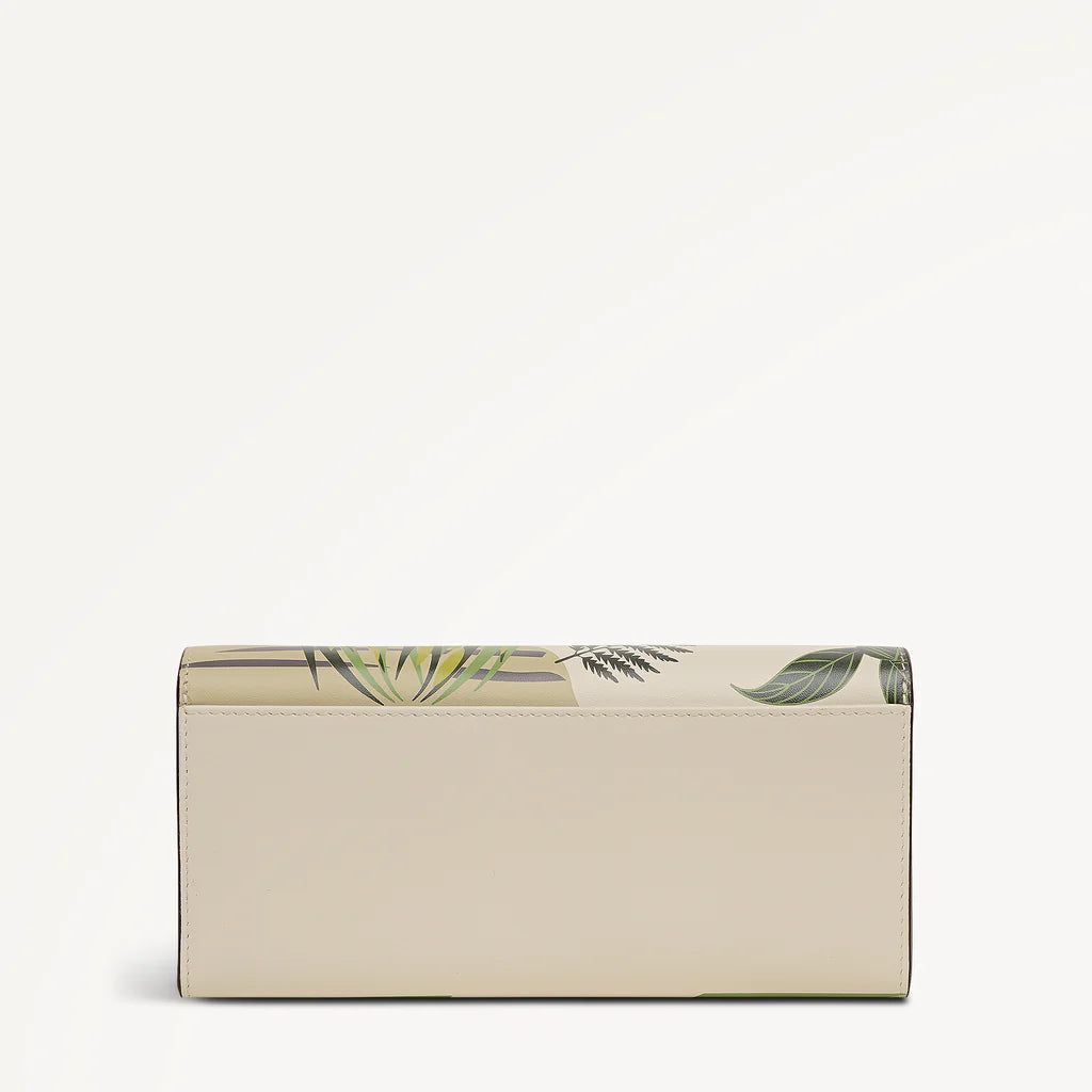 Back of Radley RHS Floral  Chalk and Green wallet with floral and bird design on a white background