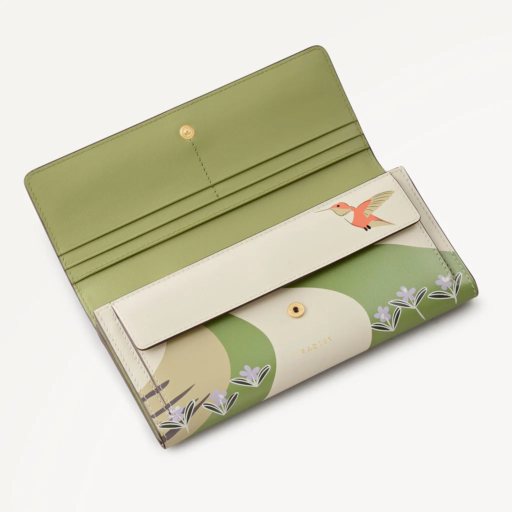 Radley RHS Floral  Chalk and Green wallet with floral and bird design on a white background