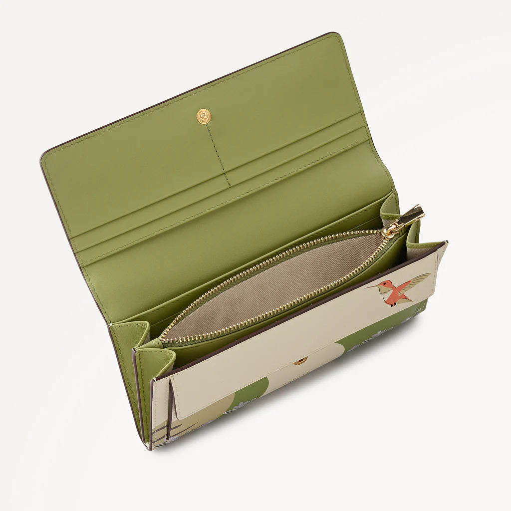 Radley RHS Floral  Chalk and Green wallet with floral and bird design on a white background