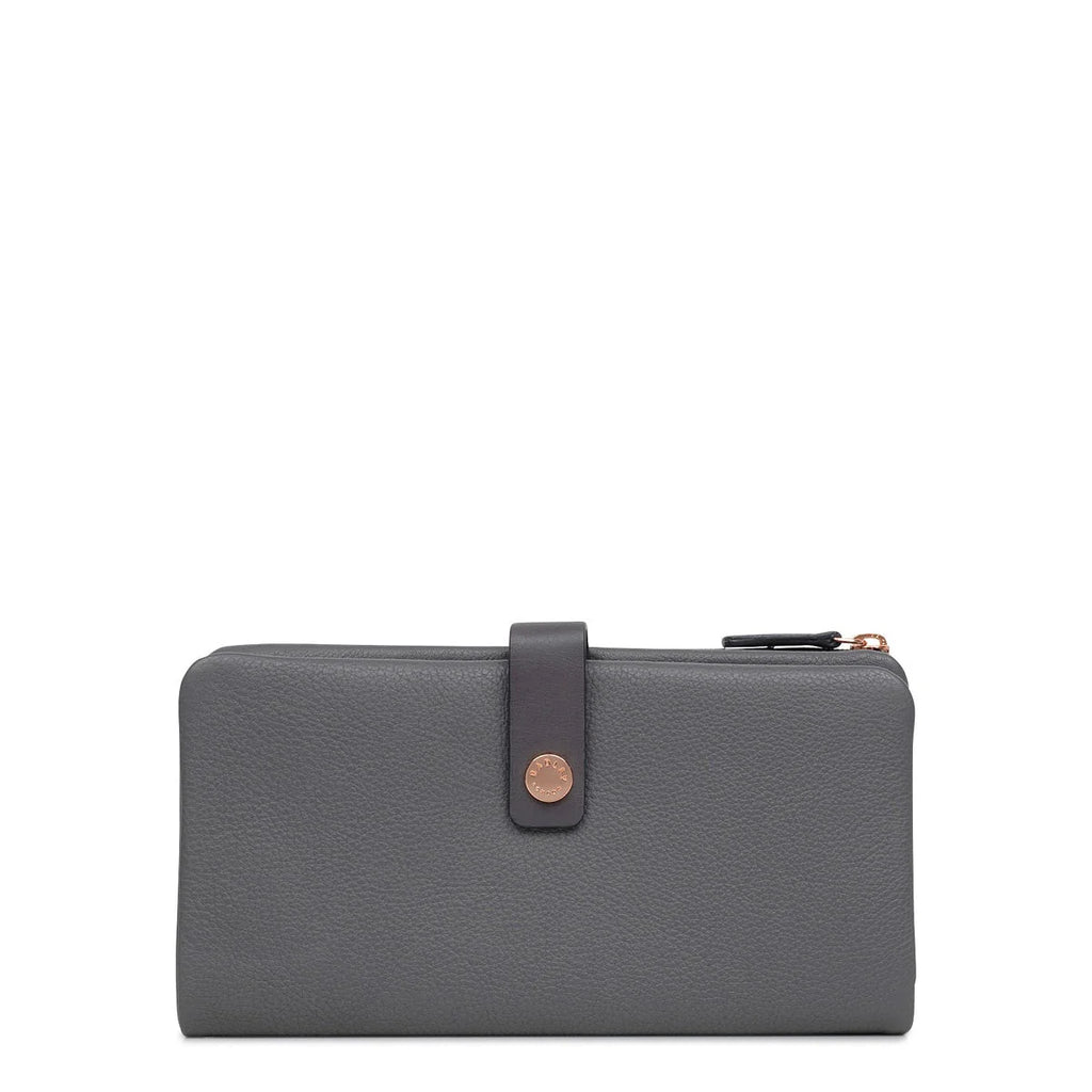 Black wallet with gold zipper on a light gray background