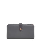 Black wallet with gold zipper on a light gray background