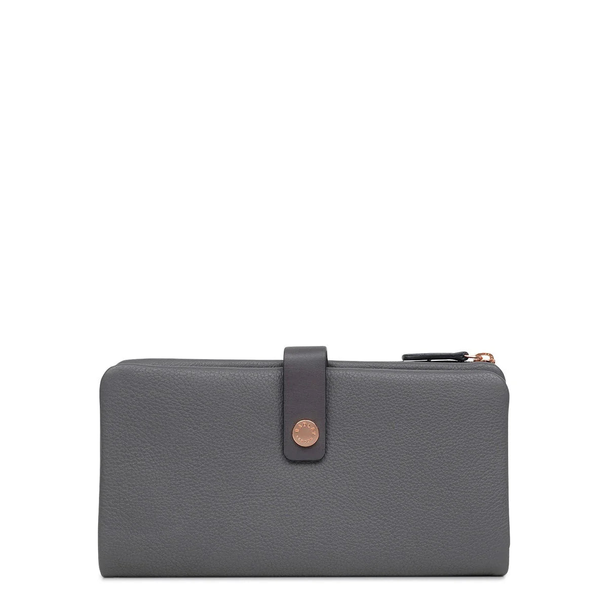 Black wallet with gold zipper on a light gray background